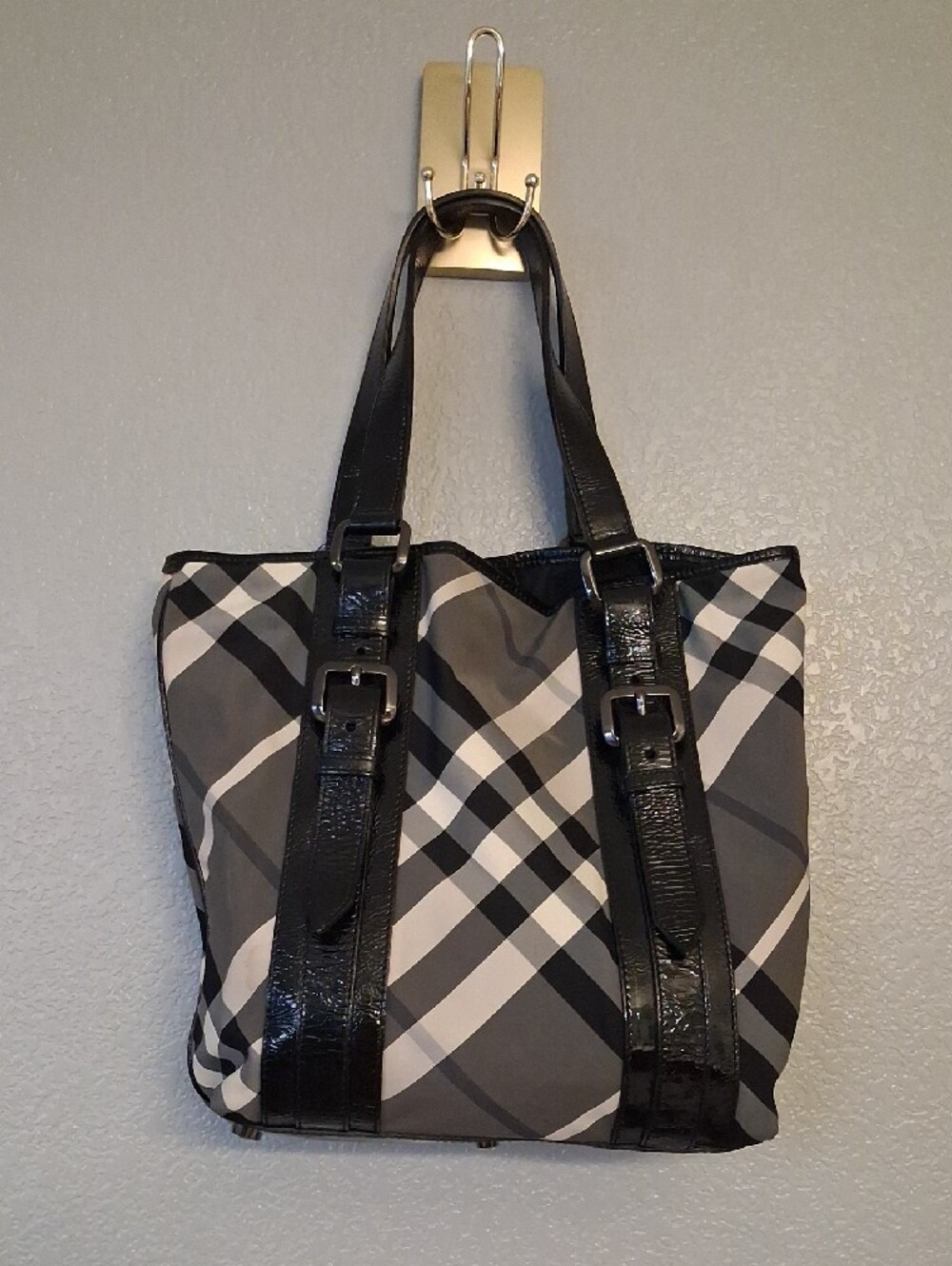 Classic Check Pattern Nylon & Patent Leather Tote Bag in Gray and Black - Picture 5 of 7